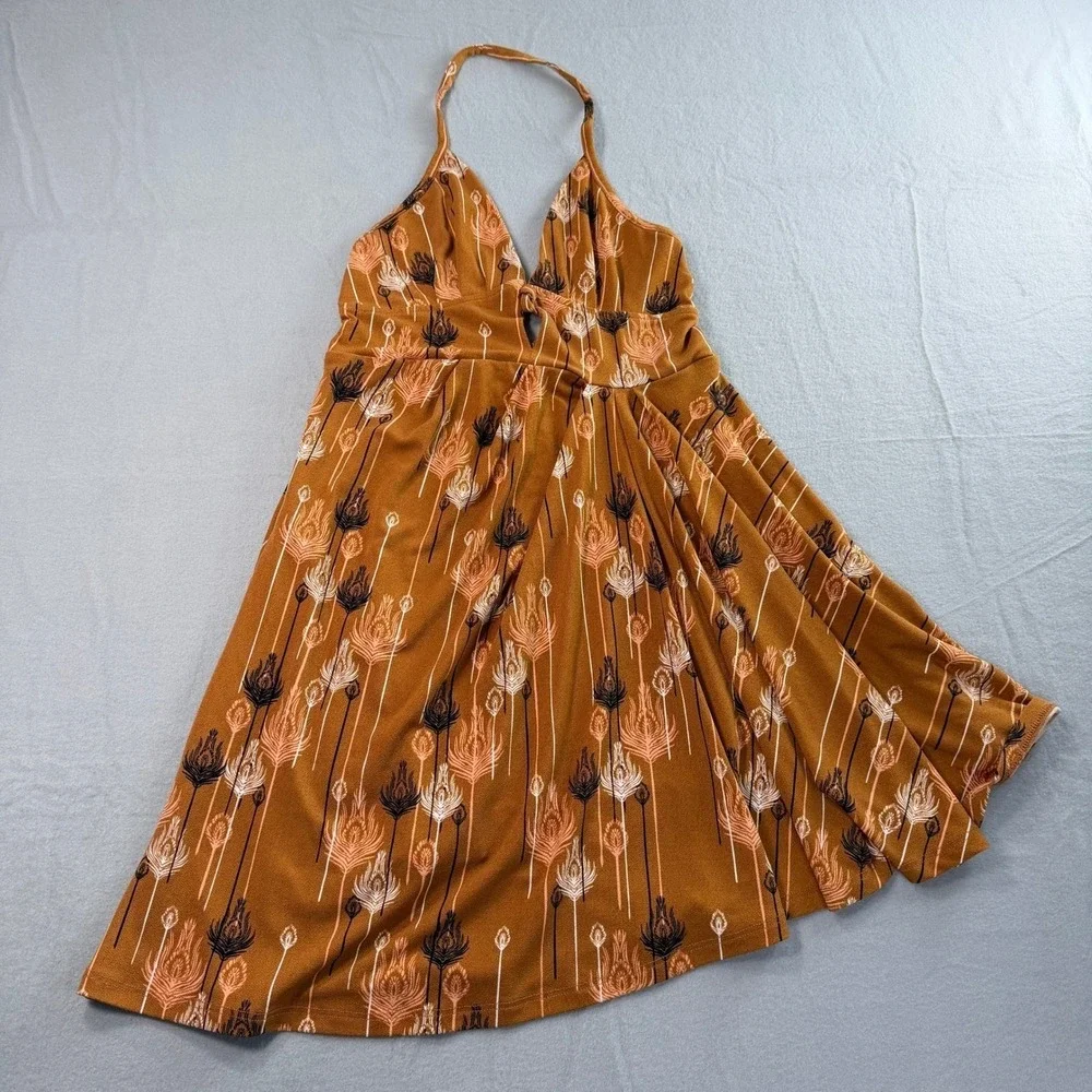 Free People Hippie Halter Mini Dress XS Peacock Feather Boho Earthy Festival